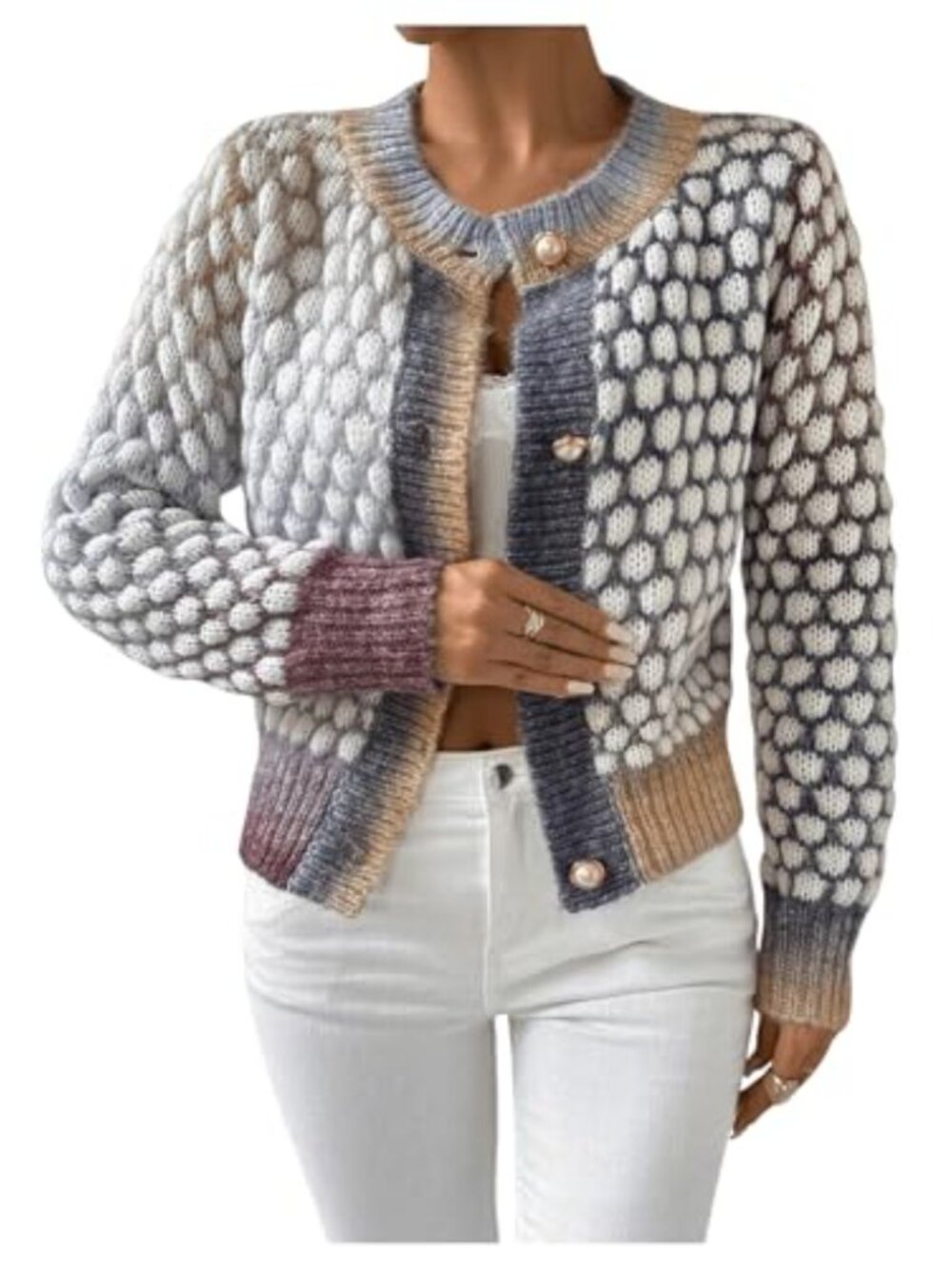 Cropped Tweed Pearl Button Cardigan Knit Long Sleeve